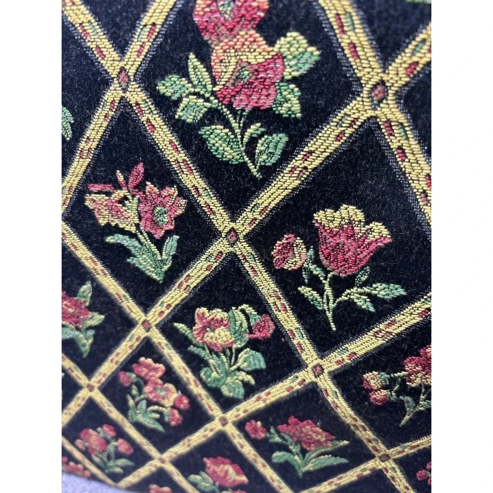 Vintage Tapestry Knitting Bag Black Floral Diamond Trellis Metal Frame Tote